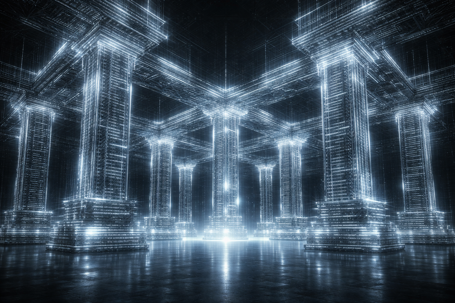 Massive architectural pillars constructed entirely of glowing blue code